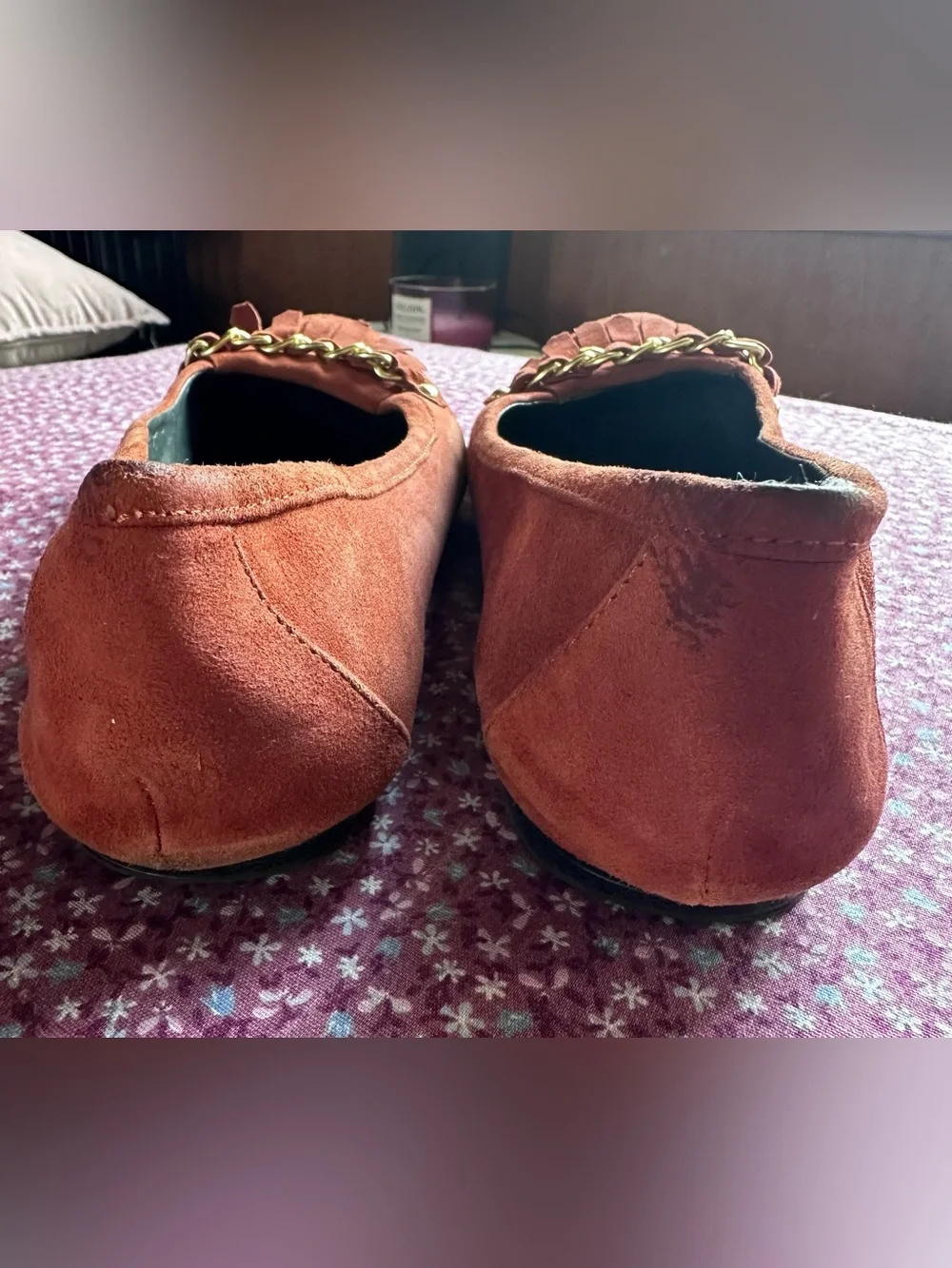 Monet Rust Suede Fringe Loafers with Gold Chain Accent